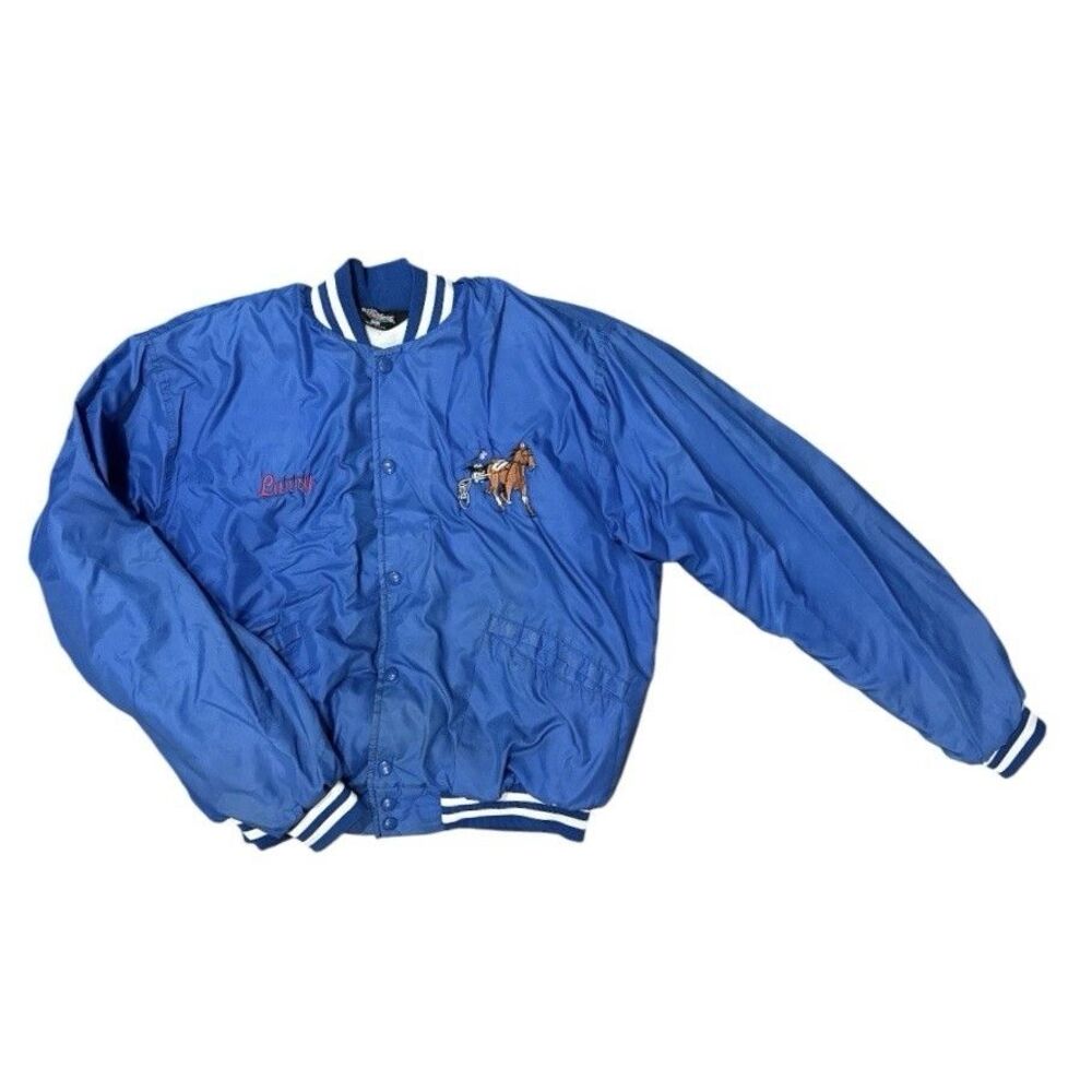 Vintage 80s USA Blue Satin Horse Racing Bomber Jacket Retro Embroidered M / L